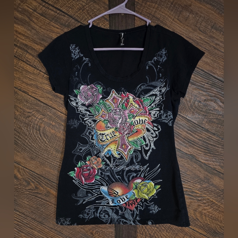 Y2K Studded And Rhinestone Floral ED HARDY -ish Tee XL